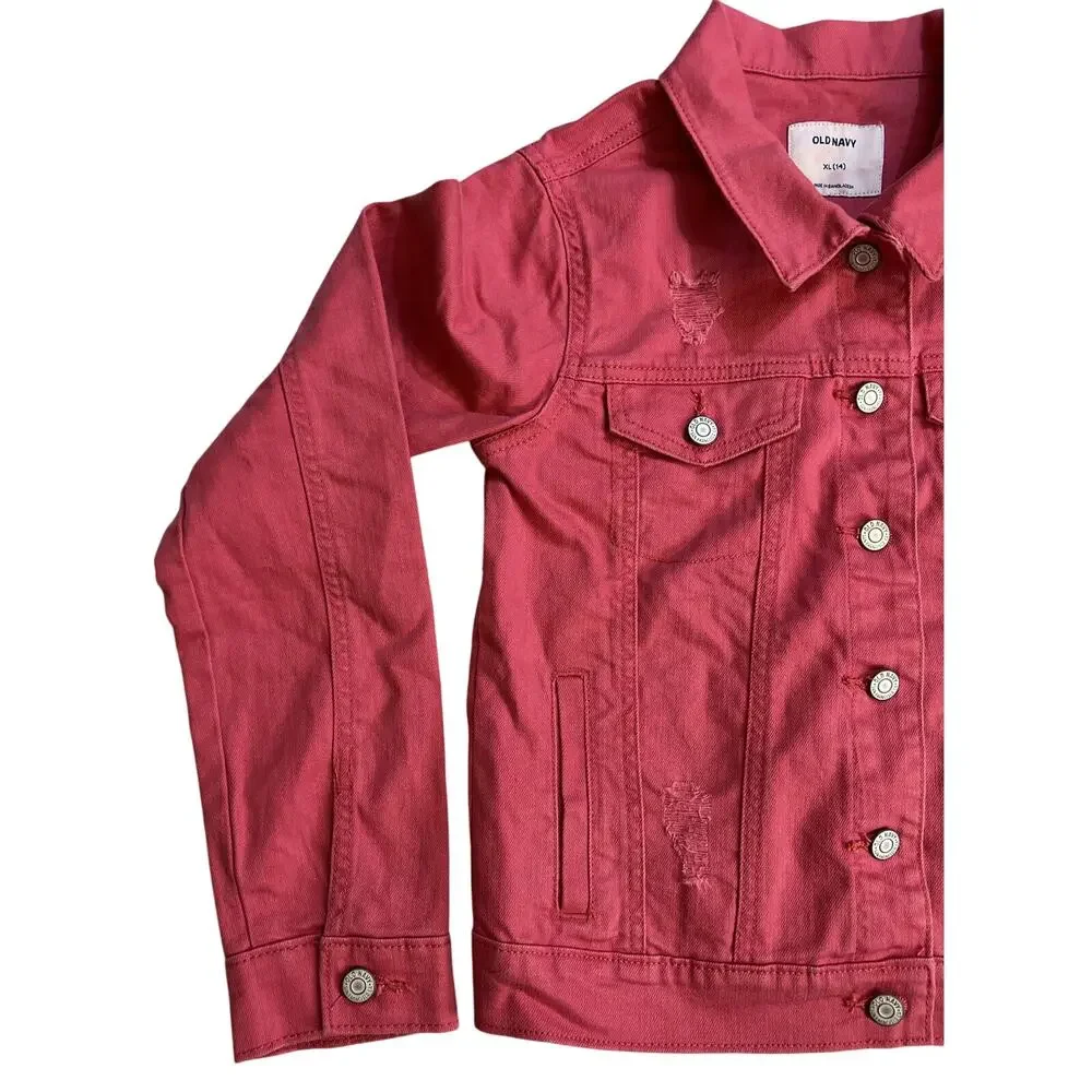 Old Navy Youth Pink Denim Distressed Jacket XL 14 - NWT